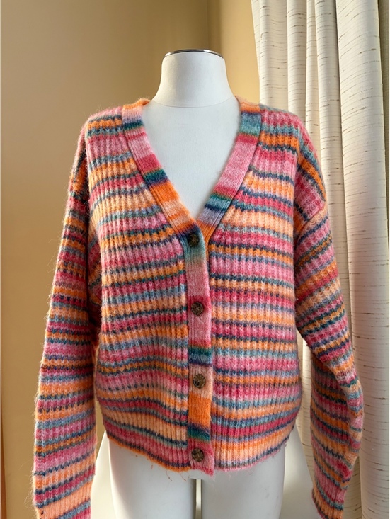 Marine Layer Sweaters - women's Marine Layer Dream Yarn Crop Cardigan Warm Stripe L LARGE wool blend